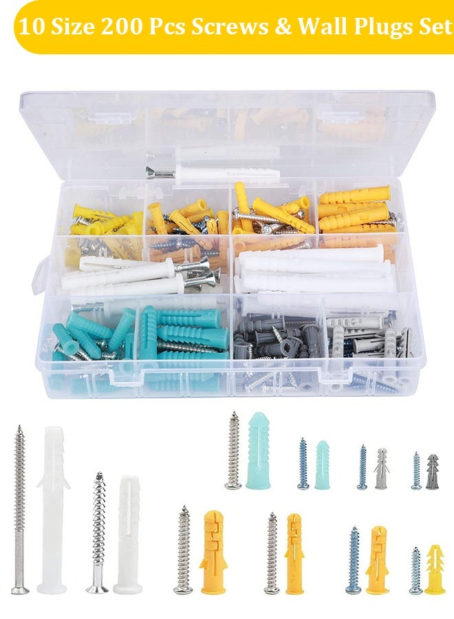 YIM-VIBEHAUS 200Pcs Plastic Drywll Anchors and self Tapping Screws Assortment Kit, 10 Sizes of Wall Plugs and Screws Set with Organizer Box, self Drilling Anchor for HollowWall Hanging - Image 1