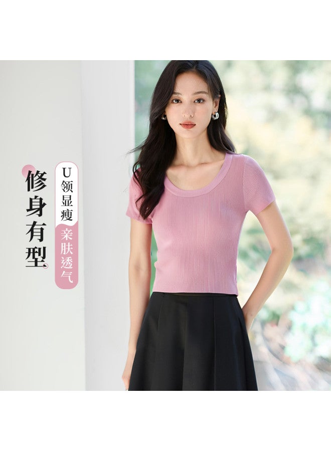Hstyle U-neck Short Sleeve Knit Top - 2025 Summer Slimming Comfortable Stretchy Basic Casual Work T-shirt - Image 4
