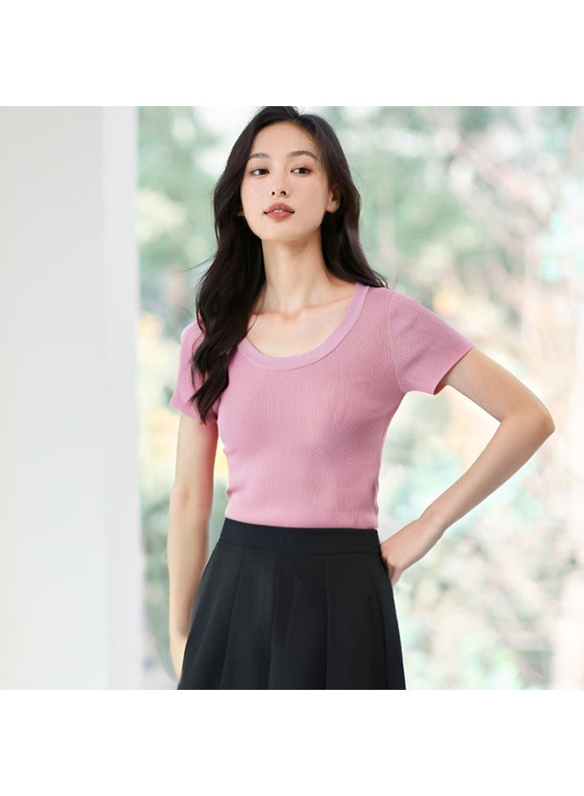 Hstyle U-neck Short Sleeve Knit Top - 2025 Summer Slimming Comfortable Stretchy Basic Casual Work T-shirt - Image 5