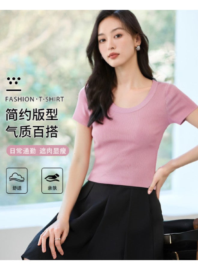 Hstyle U-neck Short Sleeve Knit Top - 2025 Summer Slimming Comfortable Stretchy Basic Casual Work T-shirt - Image 1