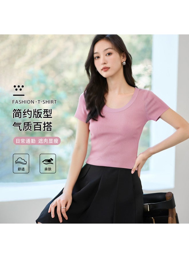 Hstyle U-neck Short Sleeve Knit Top - 2025 Summer Slimming Comfortable Stretchy Basic Casual Work T-shirt - Image 2