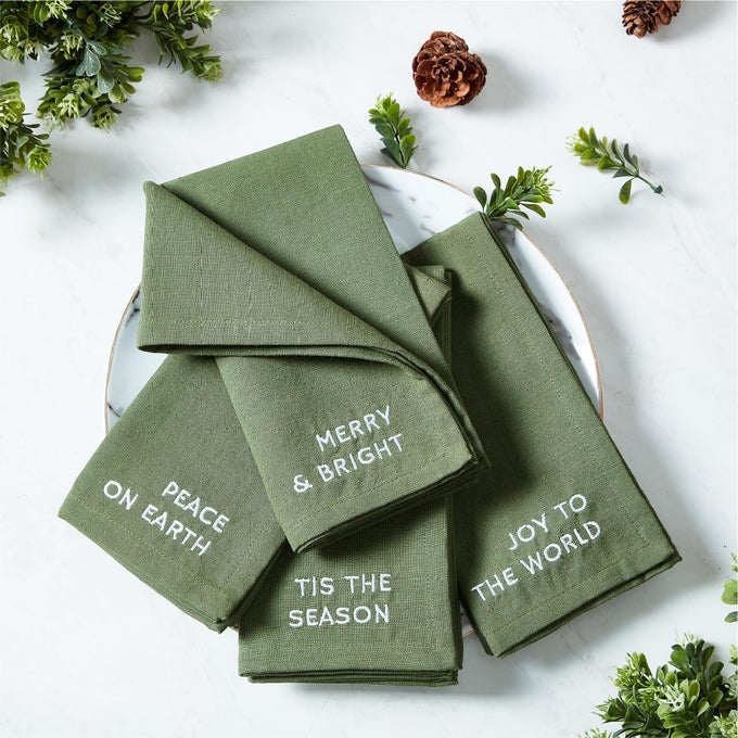 HOME FASHIONS JOYFUL HOLIDAY SENTIMENT EMBROIDERED NAPKINS SET OF 4 17X17 PINE