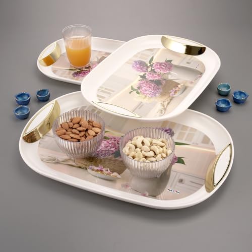 Nayasa Inspiration Plastic Serving Tray Set of 3 (Small, Medium, Big) | Kitchen Tray for Serving Tea, Coffee, Snacks | Multi Purpose Serveware | White & Cream - Image 1