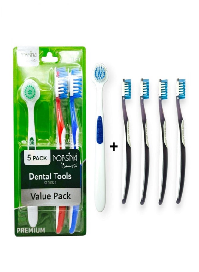 نورسينا مجموعة فرشاة أسنان عدد 5 فرش أسنان كبيرة مع جزء خلفي لتنظيف اللسان طقم نورسينا - Image 2