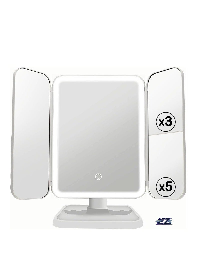 ELTRAZONE 3-Fold Lighted Makeup Mirror with 5X/3X/1X Magnification – 52 LED Lights, Touch Screen Control, 180° Adjustable Rotation – Portable & Foldable Vanity Mirror for Perfect Makeup and Skincare - Image 2