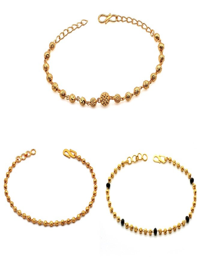 JHB Gold Plated Bead And Black Bead Bracelet 3 Pis Combo For Women - Image 1