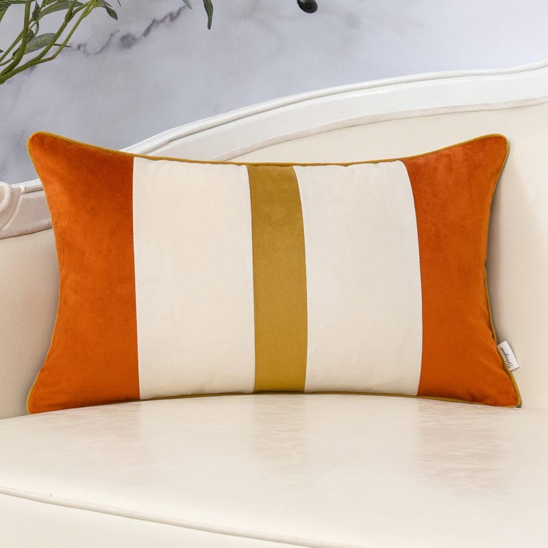 Yangest Orange Patchwork Lumbar Throw Pillow Cover Striped Velvet Cushion Case Modern Neutral Oblong Pillowcase for Sofa Couch Bedroom Living Room Home Decor 12x20 Inch