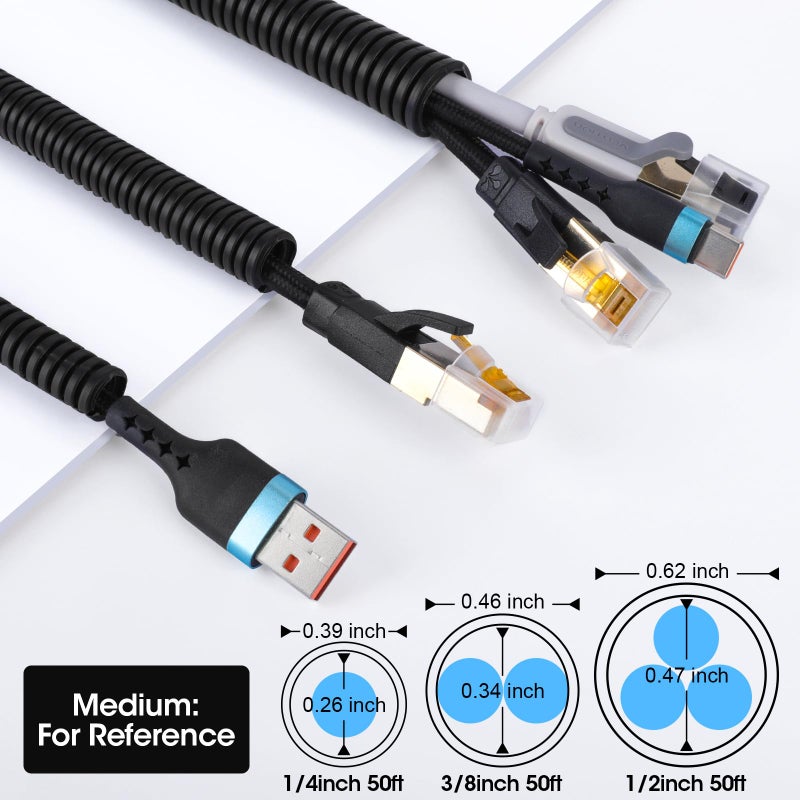 YesBes Wire Loom 1/4", 1/2", 3/8 Inch x 50 FT, Split Wire Loom Tubing Wire Conduit, Cable Sleeves Bulk Flexible Electrical Conduit Protective kit - Image 2