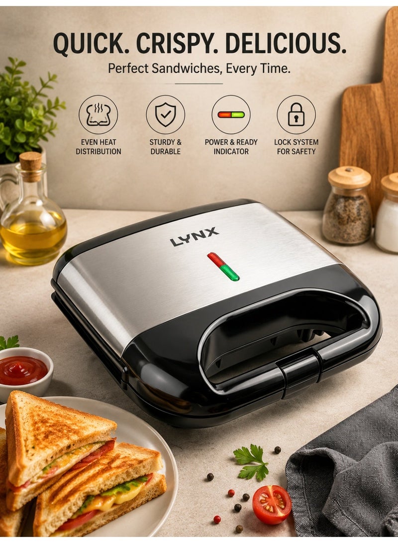لينكس صانعة الساندويتشات Lynx بقوة 800 واط | ألواح غير لاصقة، تحكم حراري، مؤشرات ضوئية مزدوجة، تصميم مدمج | للساندويتشات المشوية والتوست والحلويات | الموديل LY_SM_4020 (لون أسود) - Image 1