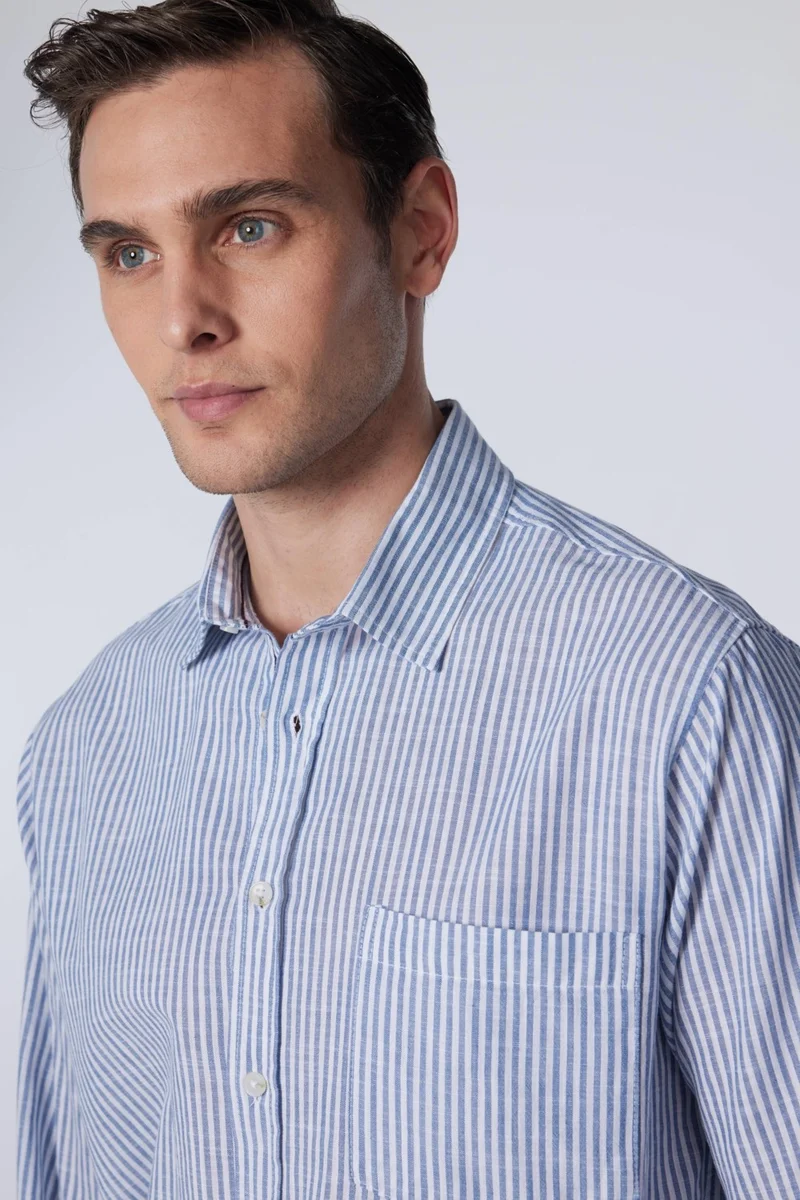 تودورس Classic Fit Long Sleeve Button Collar Single Pocket Linen Texture Striped Summer White Men's Shirt
