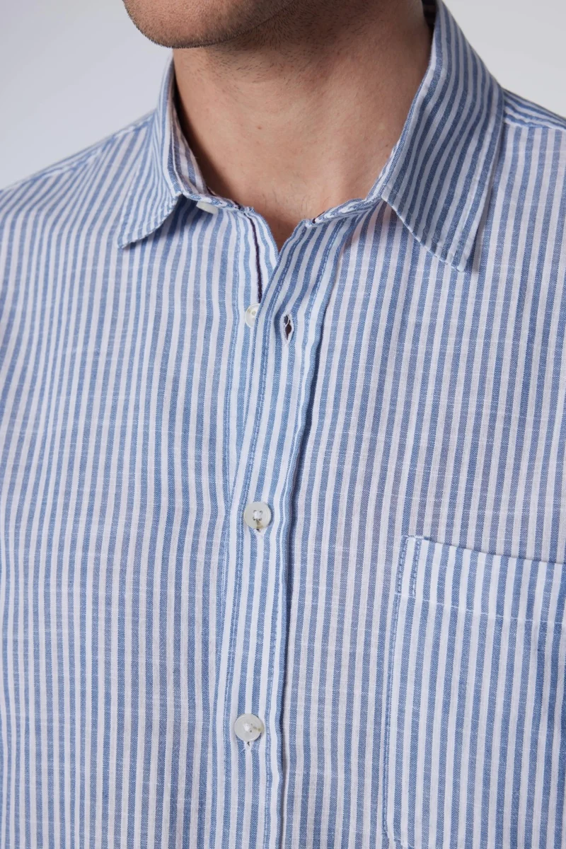 تودورس Classic Fit Long Sleeve Button Collar Single Pocket Linen Texture Striped Summer White Men's Shirt