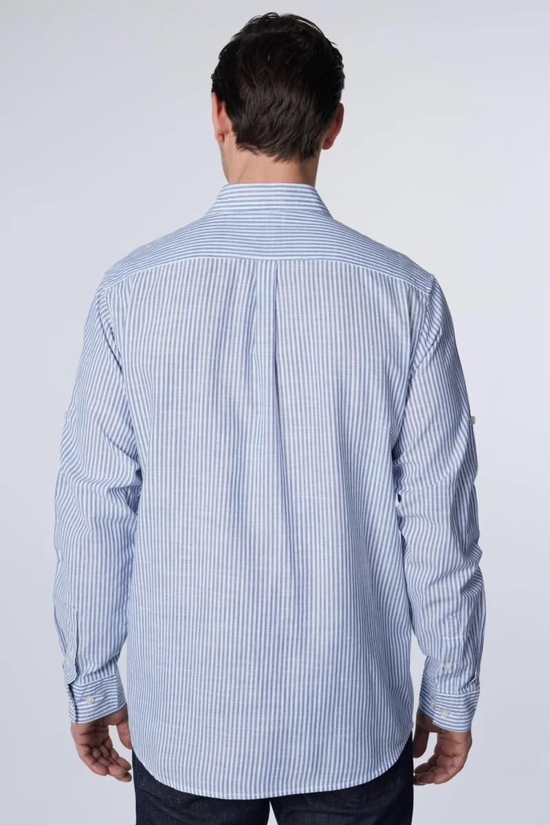 تودورس Classic Fit Long Sleeve Button Collar Single Pocket Linen Texture Striped Summer White Men's Shirt