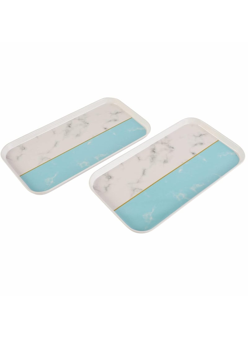 english  مجموعة من 2 صينية تقديم مستطيلة كبيرة من الميلامين لحفلات العشاء في العطلات، مقاومة للكسر وخفيفة الوزن باللونين الأبيض والفيروزي - Image 1