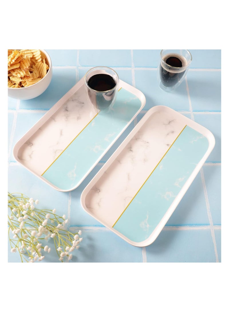 english  مجموعة من 2 صينية تقديم مستطيلة كبيرة من الميلامين لحفلات العشاء في العطلات، مقاومة للكسر وخفيفة الوزن باللونين الأبيض والفيروزي - Image 3