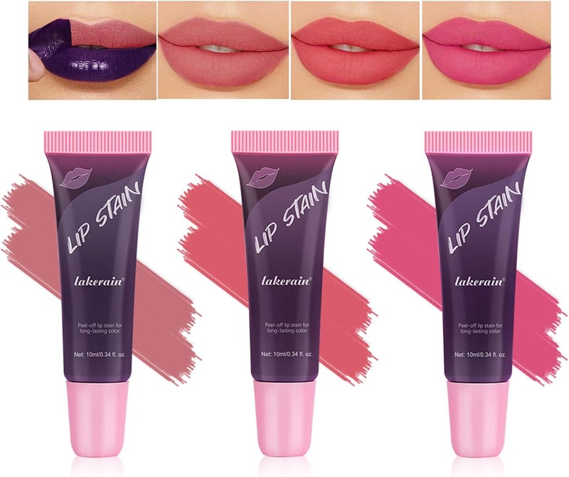 3Pcs Peel Off Lip Stain Lip Tint Set Langlebiger Peel Off Matter LipglossMatte Liquid Lippenstift Nude Lip Gloss Wasserdichter Lip Tint Fleck Antihaft Cup Peel Off Lippenstift fr Frauen