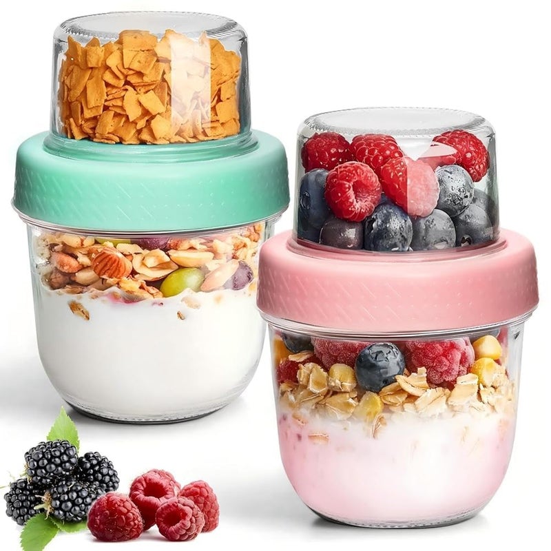 ComSaf Overnight Oats Containers with Lids 8oz4oz 2Pcs Glass Yogurt Parfait Cups for Cereal Nut Fruit DualLayer Chia Pudding Jars Reusable Small Mason Jars for Salad Meal Prep Snack Oatmeal - Image 2