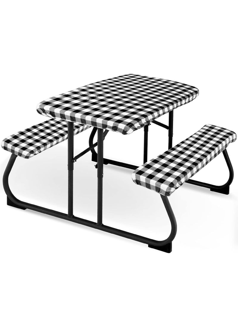 Moukeren 3 Pieces Picnic Table Cover for Kids with Bench Covers Fitted Tablecloth for Outdoors Vinyl Waterproof cloth for Camping Home Goods Indoor Outdoor Patio BBQBlack White  - Image 1