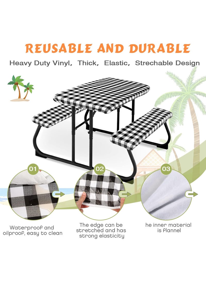 Moukeren 3 Pieces Picnic Table Cover for Kids with Bench Covers Fitted Tablecloth for Outdoors Vinyl Waterproof cloth for Camping Home Goods Indoor Outdoor Patio BBQBlack White  - Image 3