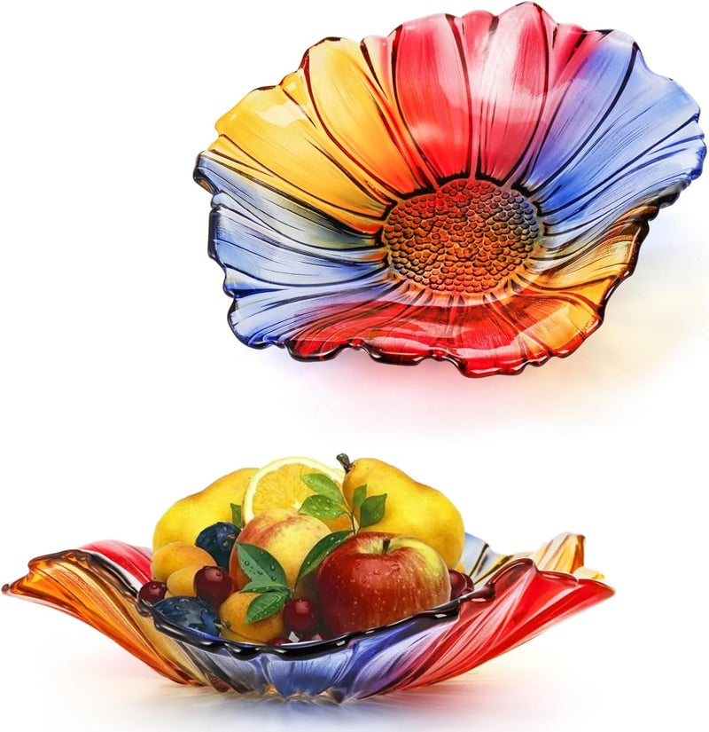 Dicunoy Dicunoy 2 Pack Glass Fruit Bowls 10 Colorful Vegetable Fruit Plate for Kitchen Counter Table Modern Creative Stylish Candy Dish Decorative Sunflower Bowls for Home Table Centerpieces  - Image 1