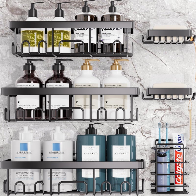 فيكن veken لاصق دش العلبة 6 عبوات منظمي الحمام السعة الكبيرة ورفوف الرفوف المقاومة للصدأ مع حامل الصاب - Image 1