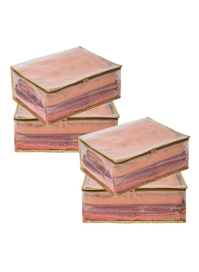 Kuber Industries Saree Cover | Golden Lace PVC Laminated Net Saree Cover | Wardrobe Saree Organizer | Garment Storage Bag | Pack of 4 | Transparent - Image 1