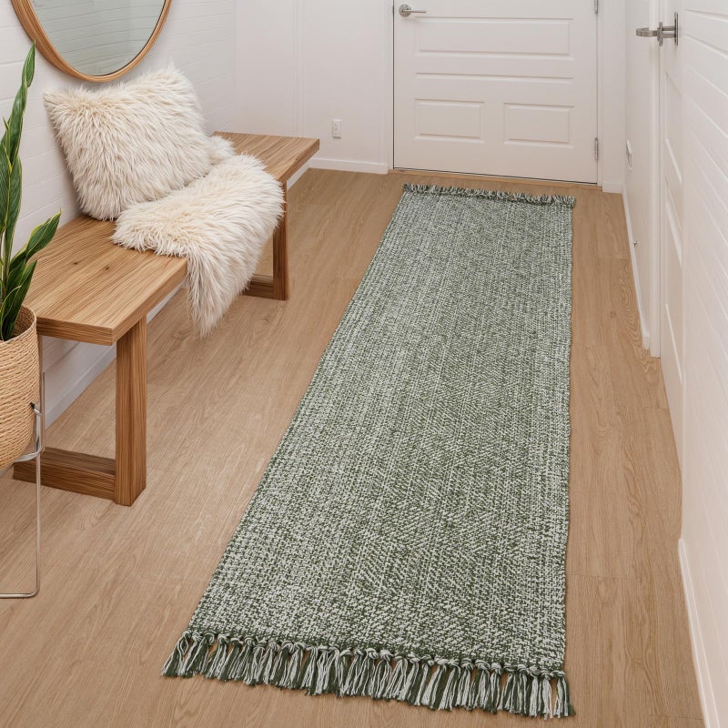 Collive Boho Runners for Hallways 2x7 ft Washable Kitchen Runner Rug LowProfile Neutral Indoor Entryway Rug Olive GreenCream Braided Cotton Floor Carpet for Laundry Room Bedroom Doorway