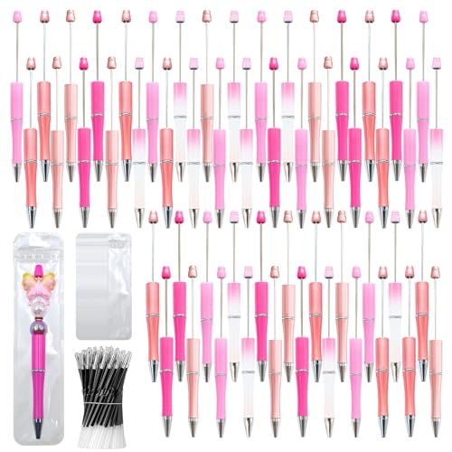 DASTTUIS 150 Pieces DIY Beadable Pen Kit – 50 Plastic Ballpoint Pens with Refills & Bags – School Supplies, Office Accessories & Decorative Items for Students & Teachers （Pink） - Image 1