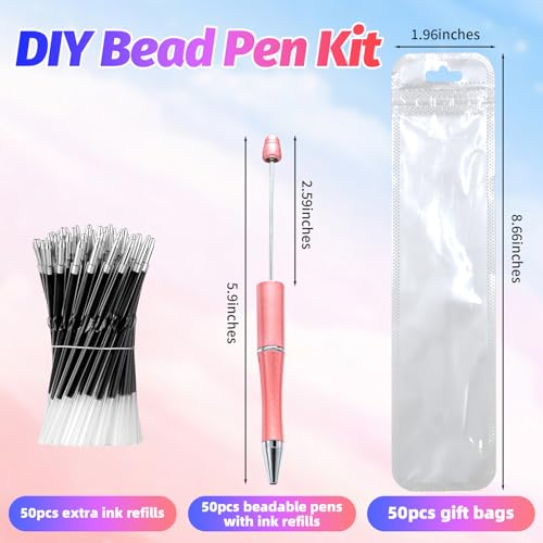 DASTTUIS 150 Pieces DIY Beadable Pen Kit – 50 Plastic Ballpoint Pens with Refills & Bags – School Supplies, Office Accessories & Decorative Items for Students & Teachers （Pink） - Image 2