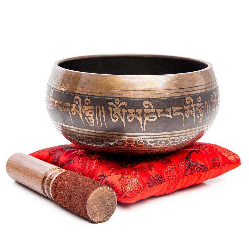 HIMALAYAN BAZAAR Tibetan Singing Bowl Set - 4" Easy To Play Authentic Handmade For Meditation Sound 7 Chakra Healing By Himalayan Bazaar (Brown & Red) - Image 1