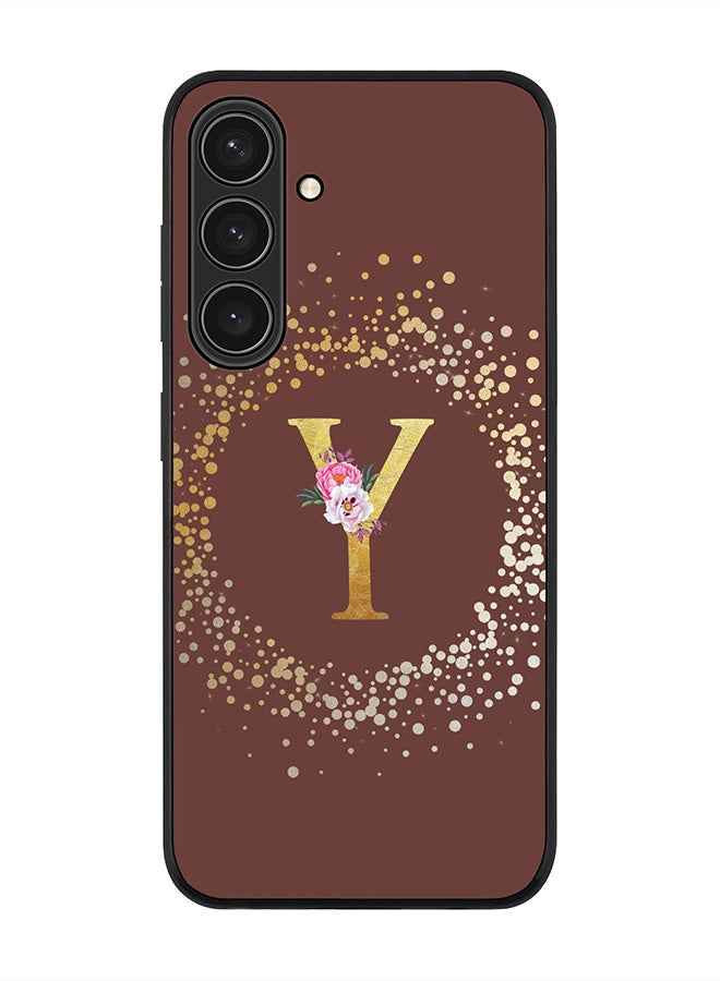 Stylizedd Rugged Black edge case for Samsung Galaxy S24 Plus Case Cover- Custom Monogram Initial Letter Floral Pattern Alphabet-Y  (Brown ) - Image 1