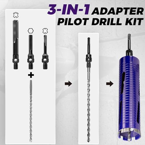 DaduoRi 3" Pro Dry Core Drill Bit with Pilot Bit & 3 Adapters (SDS Plus/SDS Max/1/2 Hex), Upgraded-Welded Blade Core Bits for Concrete with Rebar, Masonry, Brick, Mortar - 9.5" Depth, 5/8"-11 Thread - Image 4