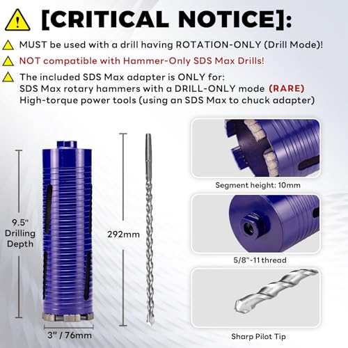 DaduoRi 3" Pro Dry Core Drill Bit with Pilot Bit & 3 Adapters (SDS Plus/SDS Max/1/2 Hex), Upgraded-Welded Blade Core Bits for Concrete with Rebar, Masonry, Brick, Mortar - 9.5" Depth, 5/8"-11 Thread - Image 2