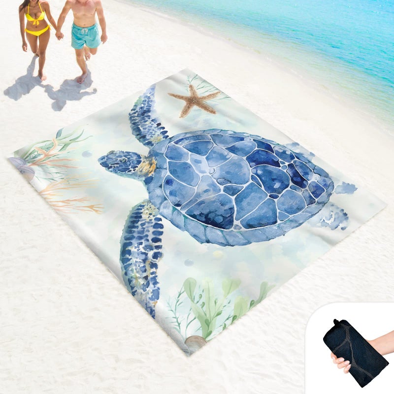 LkDiramio LkDiramio Beach Blanket Sand Proof Waterproof Oversized 100 x 80 Sand Free Mat with Corner Pockets and Mesh Bag for Outdoor Picnic Travel Beach Accessories Portable Watercolor Turtle 
