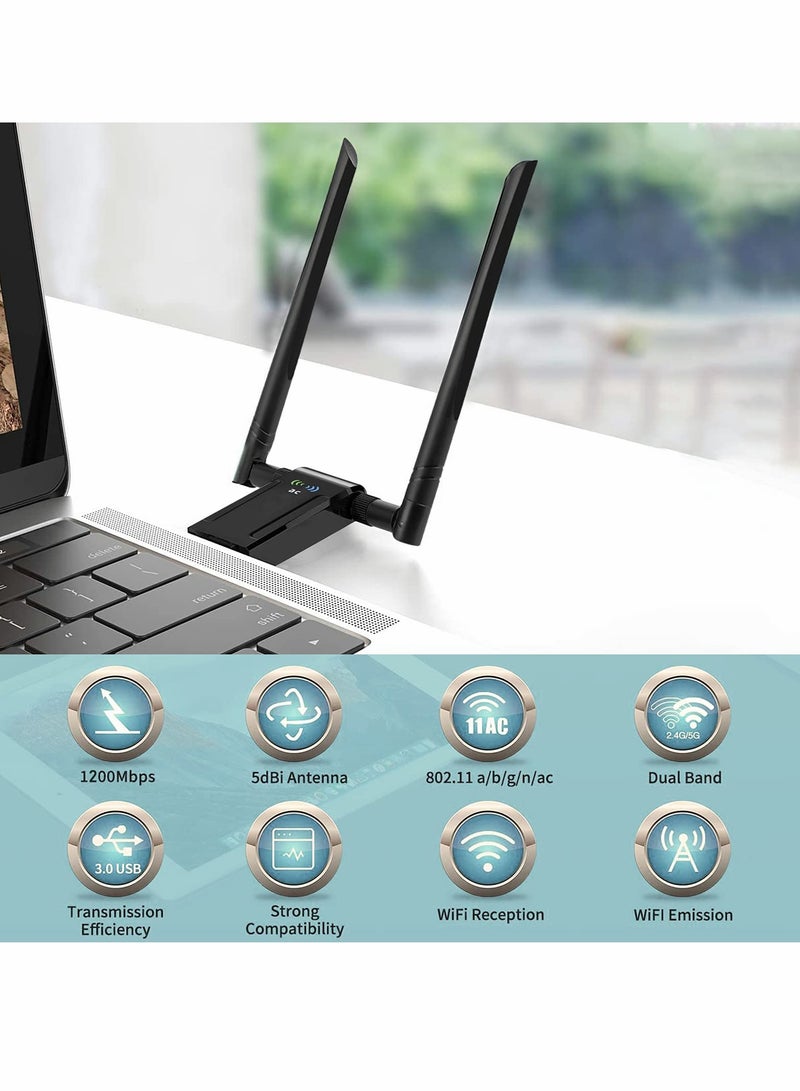 محول واي فاي لاسلكي USB للكمبيوتر الشخصي، دونجل واي فاي ثنائي النطاق 1200 ميجابايت في الثانية 2.4 جيجا/5 جيجا مع حامل USB 3.0 - Image 2