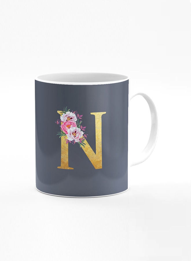 Stylizedd Designer Printed Coffee Mug 11oz Ceramic Personalised Gift Mugs Cup -Custom Monogram Initial Letter Floral Pattern Alphabet - N (Bright Grey) - Image 1