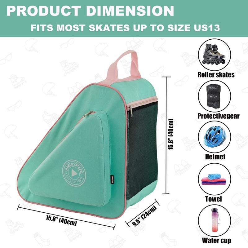 HEXIFUL Skate Bag to Carry Ice Skates, Inline Skates, Roller Skates and Quad Skates for Both Kids and Adults (Mint/Pink) - Image 4