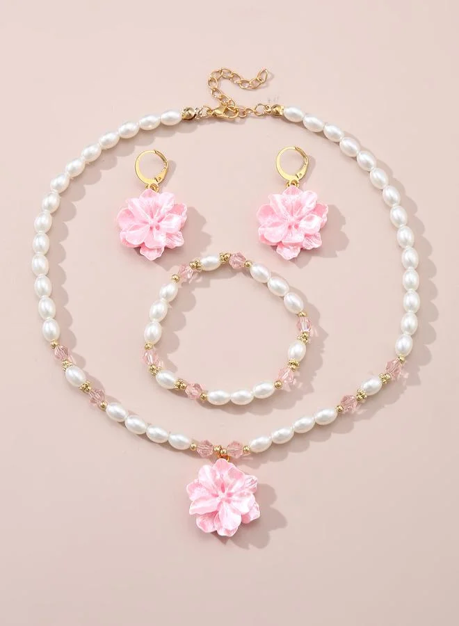 Girls Multi-Color Flower Charm Pearl Necklace, Bracelet and Earrings Set
