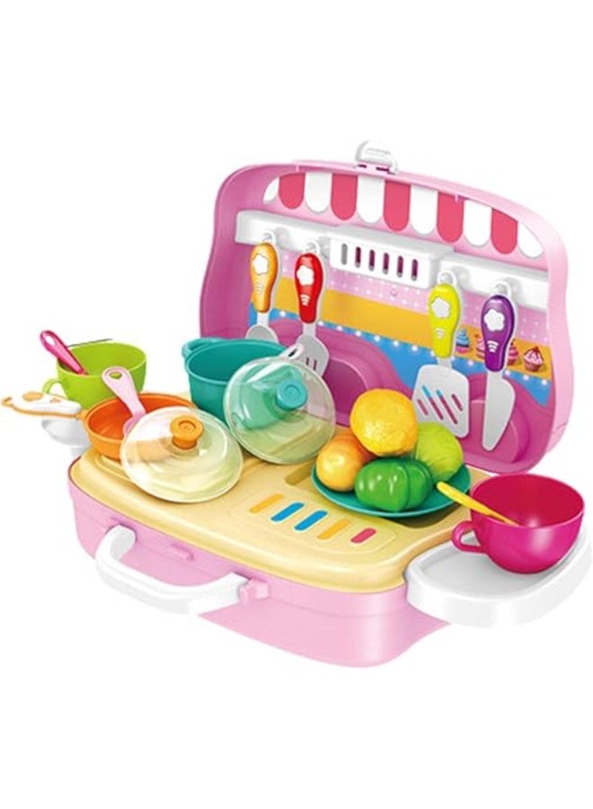 طقم مطبخ السفر للشيف السعيد – حقيبة محمولة للعب التظاهر | لعبة سكوتر 3 في 1 مع أدوات وإكسسوارات طعام - Image 1