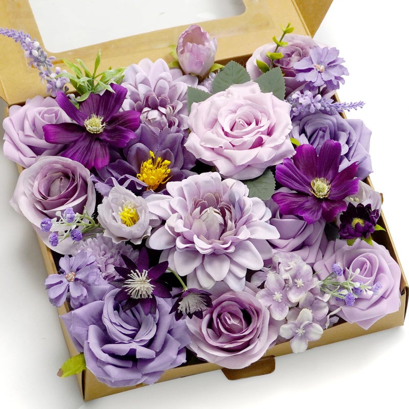 Piklado Artificial Flower Combination Box Set Artificial Flower Loose Leaves and Stems DIY Wedding Center Bouquet Bride Wedding Baby ShowerLavender  Dark Purple
