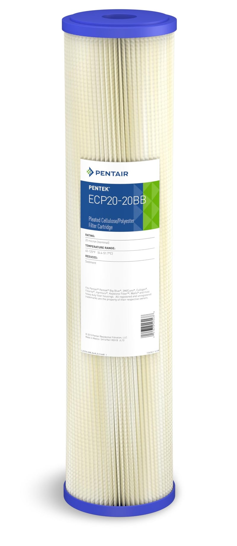 Pentek Pentair Pentek ECP20-20BB Big Blue Sediment Water Filter, 20-Inch, Whole House Heavy Duty Pleated Cellulose Polyester Replacement Cartridge, 20" x 4.5", Blue End-Cap, 20 - Image 1