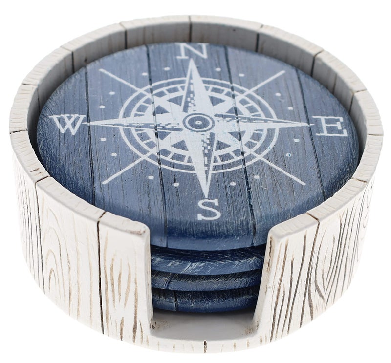 Compass Rose Coaster Set Nautical Ocean Beach Boat Coastal Decor Rustic Weathered BlueWhite Finish