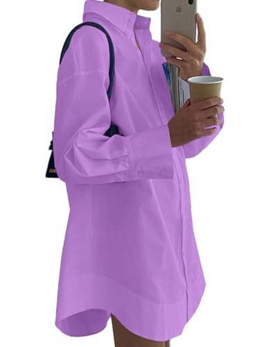 LYANER Women's Casual Shirt Dress Collar V Neck Button Down Loose Long Sleeve Mini Dresses Lilac XX-Large - Image 2