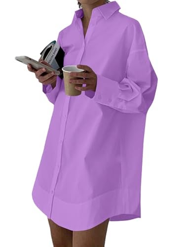 LYANER Women's Casual Shirt Dress Collar V Neck Button Down Loose Long Sleeve Mini Dresses Lilac XX-Large - Image 1