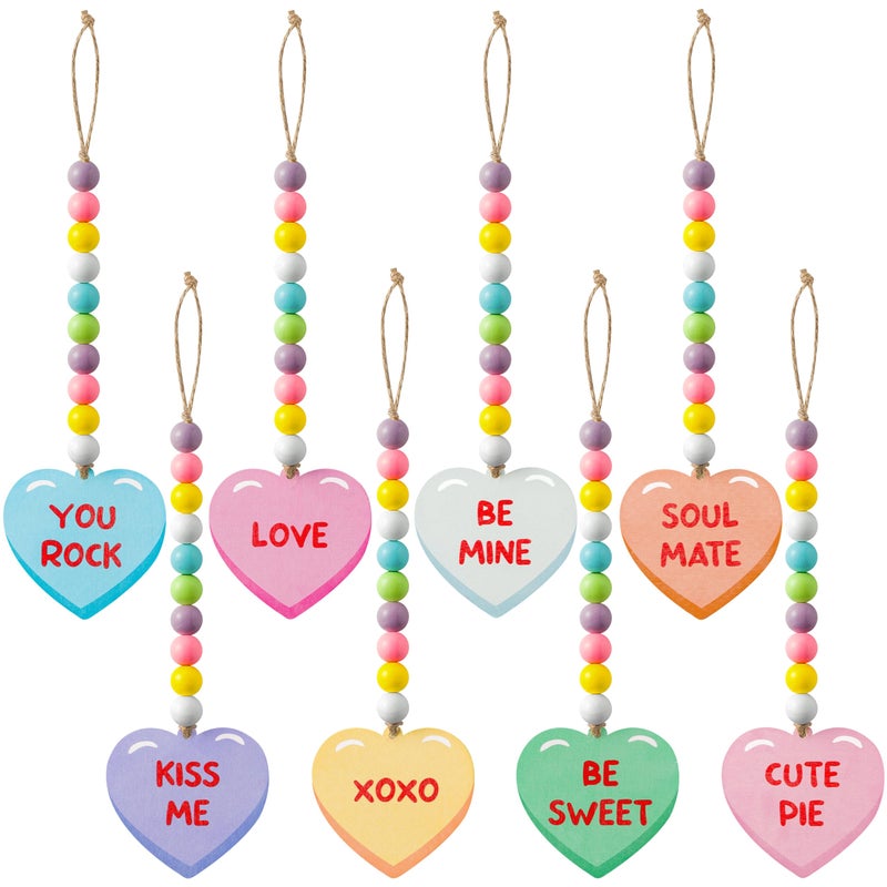 WATINC 8pcs Valentine's Day Wooden Bead Conversation Heart Garland, Sweet Love Wood Hanging Ornament, Double-sided Romantic Heart Pendant Hang Decor with Rope for Happy Valentine Party Tree Wall Decor - Image 1