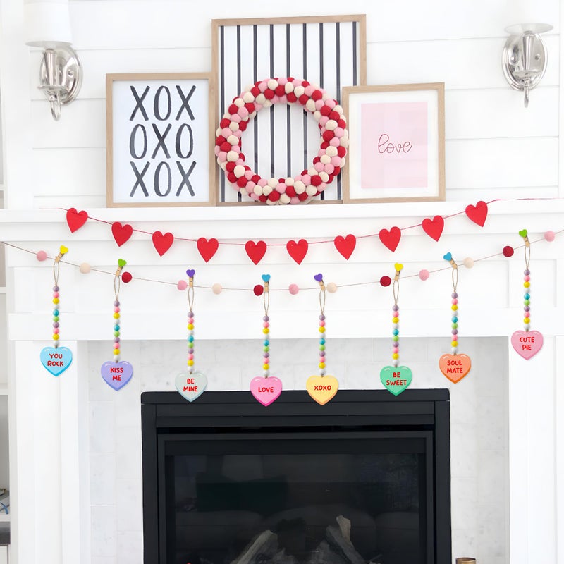 WATINC 8pcs Valentine's Day Wooden Bead Conversation Heart Garland, Sweet Love Wood Hanging Ornament, Double-sided Romantic Heart Pendant Hang Decor with Rope for Happy Valentine Party Tree Wall Decor - Image 5
