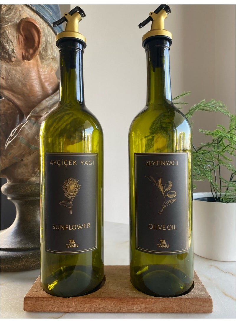 Tamu Gold 2-Piece 750 ml Olive Oil Bottle Drip-Free Oil Pot Oil Bowl with Wooden Stand Gold  - Image 1