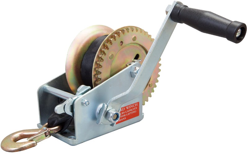 BIG RED ونش يدوي ثقيل من تورين سعة 1600 رطل مع كابل فولاذي أحمر كبير ATRT1161SR مع حزام نايلون بطول 328 قدم وراتشيت ثنائي الاتجاه للقوارب والمقطورات والشاحنات والدراجات الرباعية