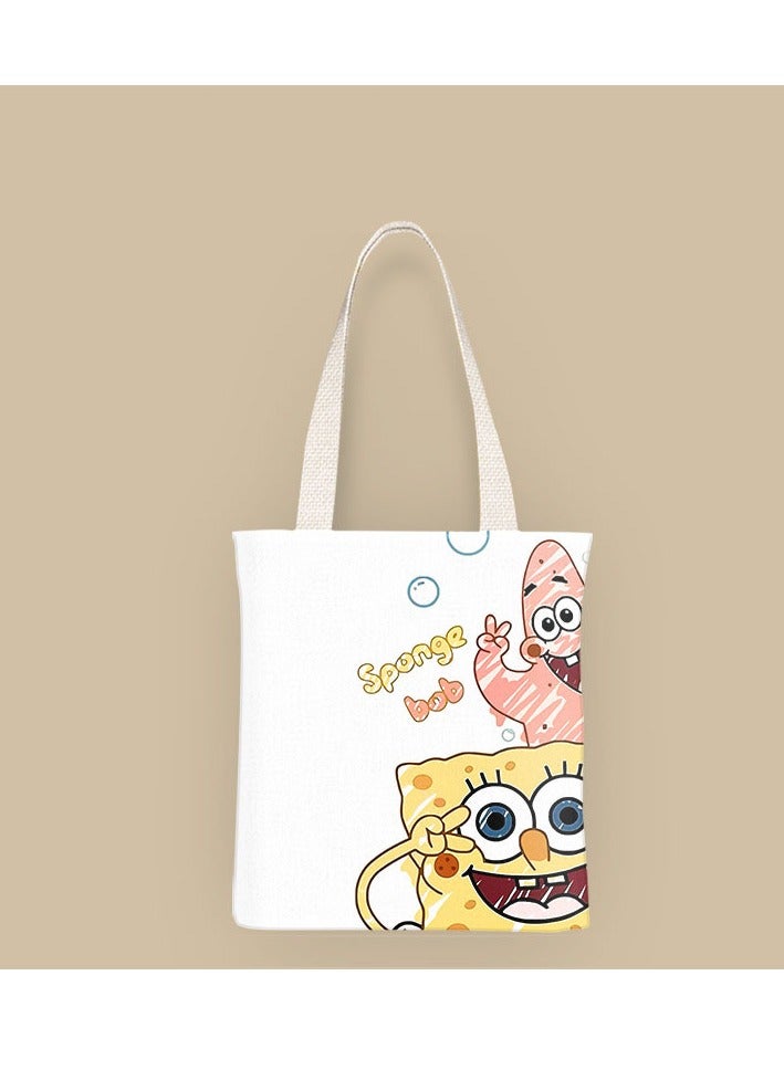 الكرتون SpongeBob SquarePants على الوجهين المطبوعة نمط حقيبة قماشية ، حقيبة حمل ، حقيبة تسوق ، حقيبة كتف ، حقيبة صديقة للبيئة قابلة لإعادة الاستخدام - Image 1