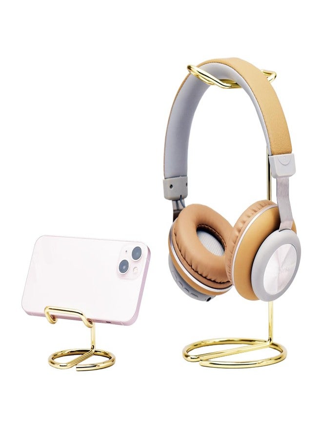 JIARI Headphones Stand and Cell Phone Stand Desktop Metal Holder Accessories 2pcs Set (Gold) - Image 1
