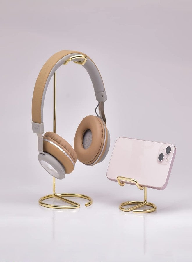 JIARI Headphones Stand and Cell Phone Stand Desktop Metal Holder Accessories 2pcs Set (Gold) - Image 3